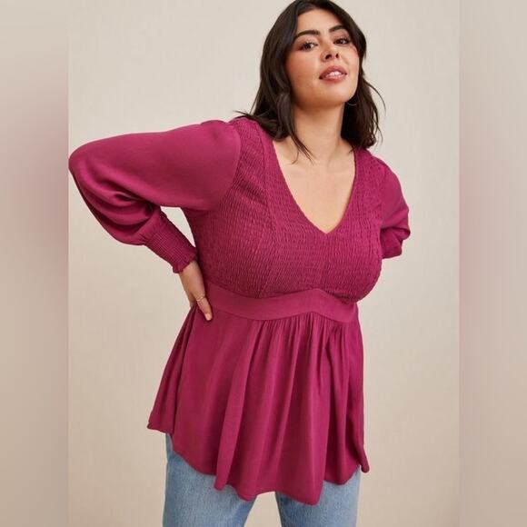 TORRID | Magenta Pink Babydoll Smocked Crinkle Blouse Long Sleeve | Large - Picture 2 of 9